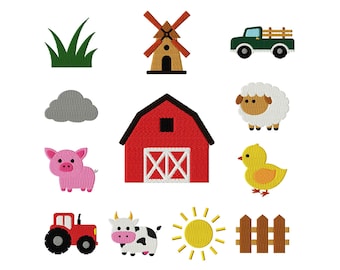 Farm Embroidery Design Bundle Set of 12, Cloud, Grass, Sheep, Windmill, Barn, Truck, Chick, Sun, Tractor, Cow, Pig, Machine Embroidery Files