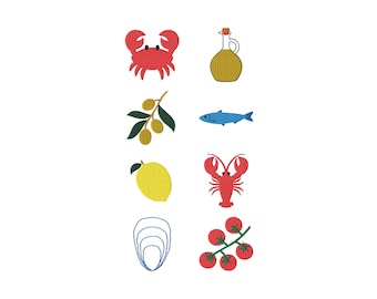 Italian Summer Coastal Embroidery Designs: Crab, Lemon, Lobster, Olive Oil (Digital Download)
