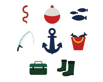 Fishing Outdoor Embroidery Design Bundle Set of 8, Tackle box, Bobber, Fish Trio, Fishing Pole, Fish Bucket, Worm, Machine Embroidery Files