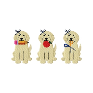 May include: Three embroidered patches of light cream-colored dogs, each wearing a small dark blue bow on its head. The first dog holds a yellow and orange pencil, the second holds a red apple, and the third holds a pair of orange scissors.