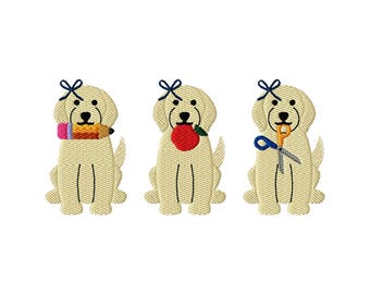 Back to School Puppy Trio with Bow Stitch File Machine Embroidery Design (Instant Download, 9 Sizes)