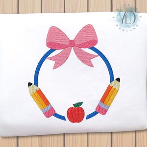 Back to School Monogram Frame Embroidery Design: Apple & Pencils (Instant Download, 9 Sizes)