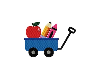 Back to School Wagon Embroidery Design: Apple, Crayon, Pencil (Instant Download, 9 Sizes)