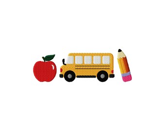 Back to School Embroidery Design: Apple, Bus, Pencil (Fill Stitch, 9 Sizes) (Instant Download)