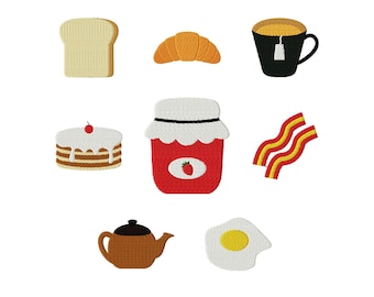 Breakfast Embroidery Design Bundle Set of 8, Bacon, Egg, Teapot, Tea Cup, Bread Toast, Croissant, Pancakes, Jam, Machine Embroidery Files