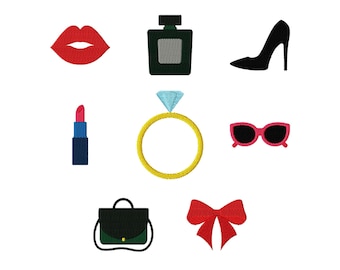 NYC Girl Embroidery Design Bundle Set of 8, Lips, Lipstick, Ring, Sunglasses, High Heel, Perfume, Handbag, Bow, Machine Embroidery Files