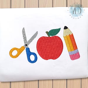 Back to School Trio Embroidery Design, 9 Sizes, First Day of School ( Pencil - Apple - Scissor ) Machine Embroidery File, Instant Download