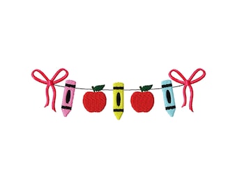 Back to School Stitch File Machine Embroidery Design: Crayons & Apples (4-8 inch) - (Instant Download)