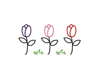 Spring Tulip Trio Floral Satin Stitch File Machine Embroidery Design (Instant Download, 9 Sizes)