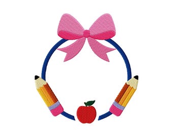 Back to School Apple & Pencils Monogram Frame Fill Stitch Embroidery Design (Instant Download, 9 Sizes)
