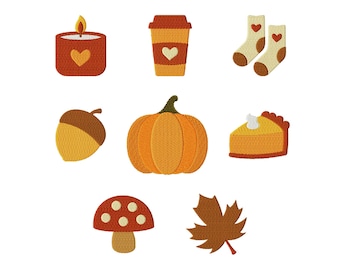 Fall Autumn Embroidery Design Bundle Set of 8, Pumpkin, Acorn, Candle, Coffee Cup, Pumpkin Pie, Mushroom, Socks, Machine Embroidery Files
