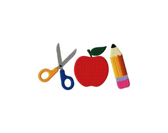 Back to School Embroidery Design: Apple, Pencil, Scissors (Instant Download, 9 Sizes)