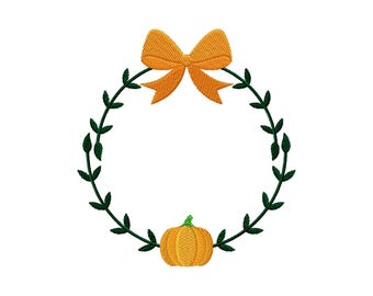 Pumpkin with Bow Autumn Monogram Frame Stitch File Machine Embroidery Design (Digital File, 5 Sizes)