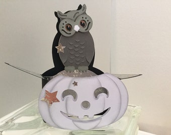 Halloween Pumpkin and Owl, Hand Made Box Card & Envelope