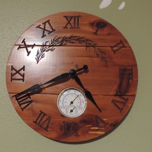 10&quot; Engraved Cedar Wall Clock with Temp & Humidity Gauge