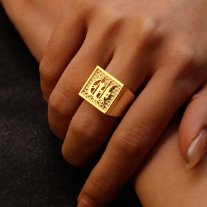 Anillo de sello personalizado, anillo con inicial personalizada, anillo con letra grabada, anillo con nombre gótico inglés antiguo, anillo con monograma para hombre y mujer, regalo para papá.