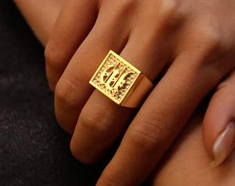 Anillo de sello personalizado, anillo con inicial grabada, monograma inglés antiguo