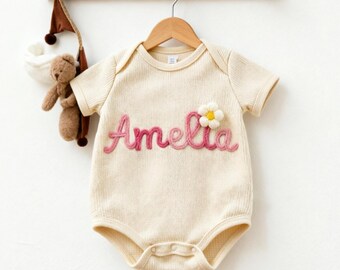 Hand Embroidered Baby Bodysuit, Custom Name Baby Romper, Personalised Baby Vest, Pregnancy Announcement Outfit,Newborn Gift,Baby Shower Gift