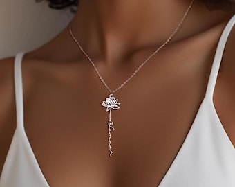 Custom Birth Flower Sterling Silver Name Necklace, Personalized Jewelry