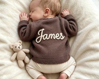 Custom Baby Name Cardigan, Personalized Cardigan forBaby Girl Boy, Hand Knitted Toddler Cardigan, Embroidered Baby Cardigan, Birthday Outfit