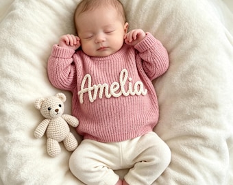 Custom Baby Name Sweater, Personalized Baby Sweater, Embroidered Knit Sweater, First Birthday Outfits, Baby Jumper with Name, Christmas Gift