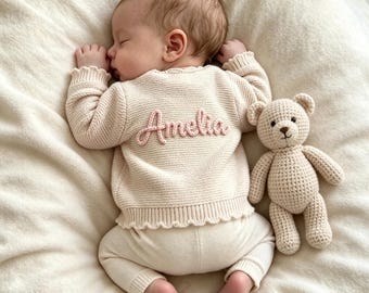 Personalized Beige Knit Baby Cardigan,Newborn Cardigan,Custom Cardigan with Name,Personalized Baby Name Cardigan,Birth Announcement Outfit