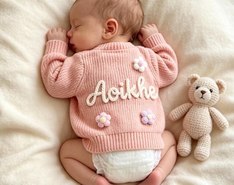 Personalised Knitted Baby Cardigan, Hand Embroidered Name Toddler Cardigan, Custom Knit Cardigan Kids, Baby Shower Coming Home Keepsake Gift