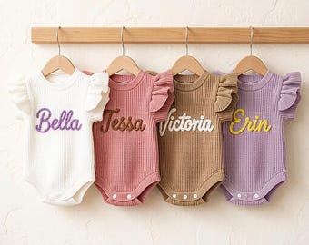 Personalized Knitted Baby Romper, Custom Toddler Romper with Name, Embroidered Name Newborn Outfit, Baby Girl Ruffle Romper, Birthday Gifts