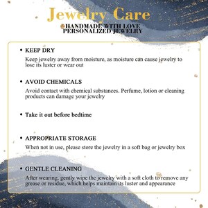 May include: A cream-colored card with gold text reading "Jewelry Care" and care instructions. The card advises to keep jewelry dry, avoid chemicals, remove before bed, store properly, and gently clean.
