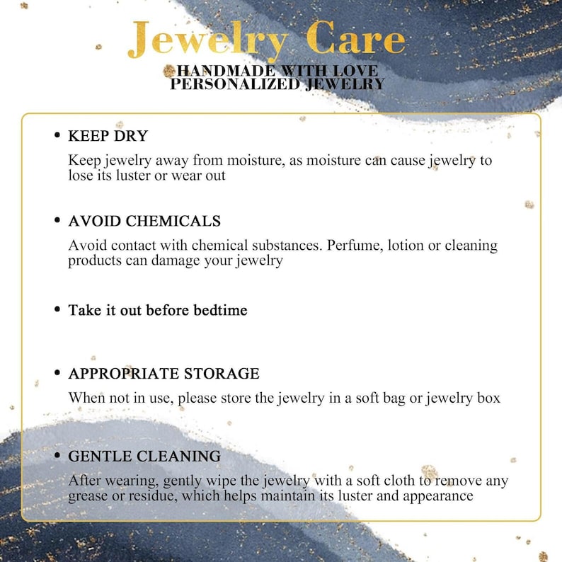 May include: A cream-colored card with gold text reading "Jewelry Care" and care instructions. The card advises to keep jewelry dry, avoid chemicals, remove before bed, store properly, and gently clean.