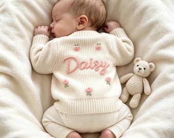 Personalized Baby Cardigan with Name, Custom Knit Sweater, Hand-Embroidered Infant Cardigan, New Born and Sister Gifts, Baby Shower Gift