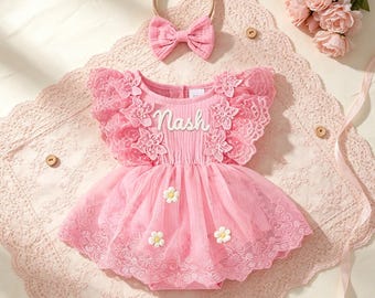 Personalized Baby Girl Dress, First Birthday Romper Dress, Custom Name Ruffle Romper, Cake Smash Outfit, Baby Summer Dress, Gift for B-day