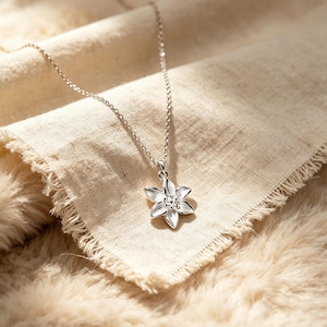 May include: A silver-colored necklace with a flower pendant. The pendant has six petals and small, round embellishments in the center. The necklace rests on a beige fabric and a fluffy, light brown surface.