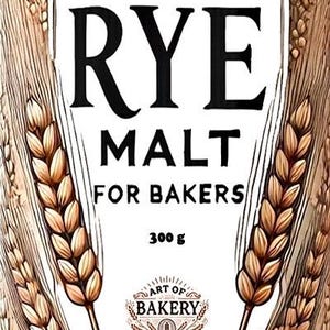 May include: A package of rye malt for bakers, with a white label featuring the text "FERMENTED RYE MALT FOR BAKERS." The label also includes the weight, 300 g, and the "Art of Bakery" logo. The background has wheat stalks.