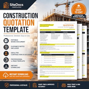 May include: A digital construction quotation template document featuring sections for contractor details, client information, project summary, scope of works, assumptions, and exclusions. The layout includes text fields for editing in a word processor.