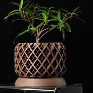 May include: A small bonsai tree with vibrant green leaves is planted in a brown, diamond-patterned pot. The pot sits on a matching brown base, set against a black background. The plant's branches extend outwards, creating a natural, decorative display.