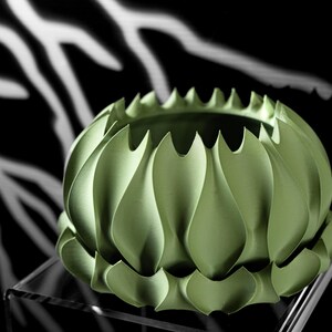 May include: A green ceramic bowl with a unique, ruffled design. The bowl is made of a smooth, textured material and has a delicate, floral-like appearance.