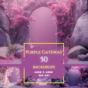 May include: Purple Gateway Backdrops, a digital download of 50 high-resolution images, 4608 x 4096 pixels, 300 DPI. The images feature a purple and pink landscape with a stone archway and blooming flowers.