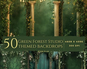 Op de afbeelding: 50 Groene Bosstudio-thema achtergronden, 4608 x 4096, 300 DPI. Een digitale achtergrond met een groene bos scène met witte bloemen, wijnstokken en kolommen. De achtergrond is perfect voor fotografie en digitale kunst.