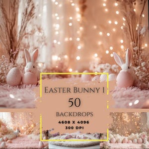 May include: 50 Easter Bunny digital backdrops with a pink fuzzy background, white bunnies, and pastel pink and white eggs. The backdrops are 4608 x 4096 pixels and 300 DPI.