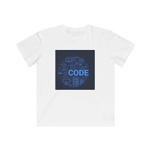 May include: White t-shirt with a blue graphic. The graphic features the word "CODE" in large blue letters, surrounded by smaller blue icons related to coding and technology, set against a dark blue square.