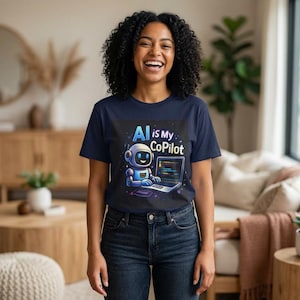 May include: Navy blue t-shirt featuring the text "AI is My CoPilot" and a graphic of a blue robot using a laptop. The robot has a smiling face and is surrounded by stars. The shirt is made of a soft material.