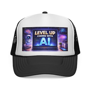 May include: A black and white trucker hat with a graphic featuring a laptop, robot, and the text "LEVEL UP CODING WITH AI". The hat has a white front panel and a black brim and mesh back.
