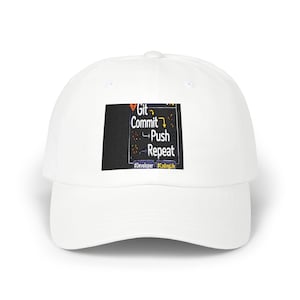May include: White baseball cap with a black square patch. The patch has the text "Git Commit Push Repeat" in white and yellow. The hashtags #Developer and #CodingLife are below.