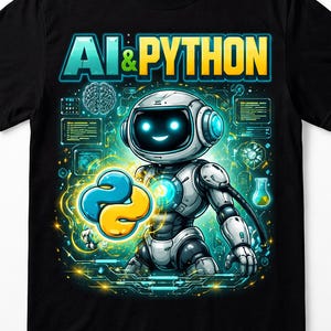 May include: Black t-shirt featuring a robot graphic with the text "AI & PYTHON". The robot is holding a Python logo, surrounded by glowing circuitry and tech-related icons. The design uses teal, yellow, and white colors.