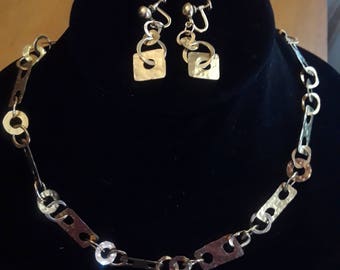 1950s Modernist Necklace and erring set. Gold fill, marked.