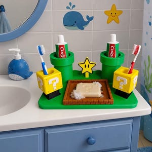 Super Mario Toothbrush Holder with Soap Dish | Kids Bathroom Organizer | Mario Bathroom Decor | Toothpaste Storage | 3D Printed