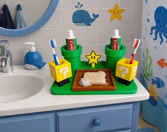 Super Mario Toothbrush Holder with Soap Dish | Kids Bathroom Organizer | Mario Bathroom Decor | Toothpaste Storage | 3D Printed