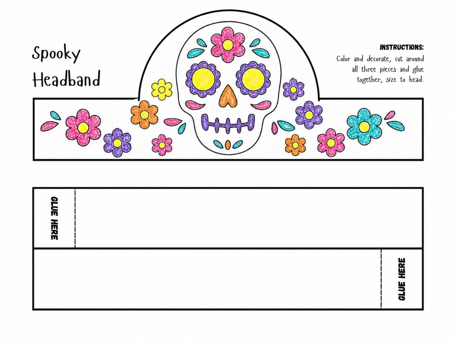 A Colorful Decorative Skull Printable crown with a floral decorative skull above a patterned band.