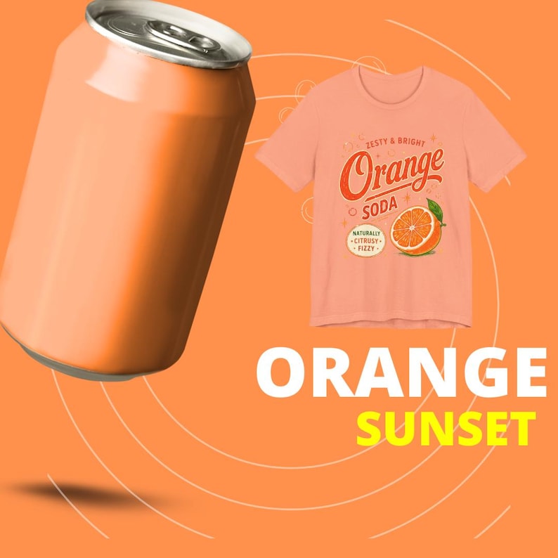 May include: A peach-colored t-shirt featuring a graphic of an orange slice and the text ZESTY & BRIGHT Orange SODA NATURALLY CITRUSY FIZZY, accompanied by a plain orange soda can and the large white and yellow text ORANGE SUNSET.